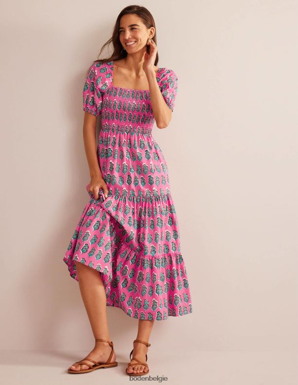Maxi-jurk met gesmokt lijfje Boden X8VRNV578 kleding vrouwen festivalroze en ambachtelijke bloei
