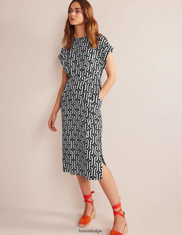 Midi-jurk met korte mouwen Boden X8VRNV77 kleding vrouwen zwart en azuurblauw geo
