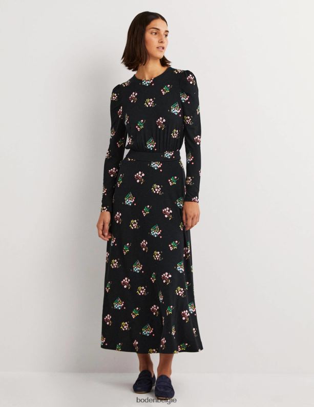 Midi-jurk van jersey met pofmouwen Boden X8VRNV1256 kleding vrouwen zwart en delicaat takje