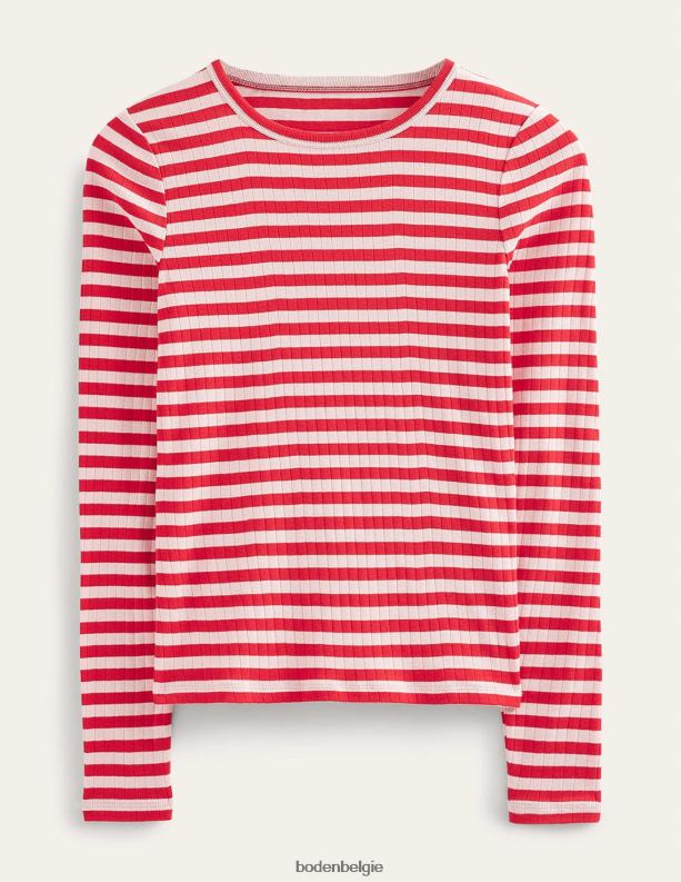 Anna Rib T-shirt met ronde hals Boden X8VRNV194 kleding vrouwen perzikhuid en hete peperstreep