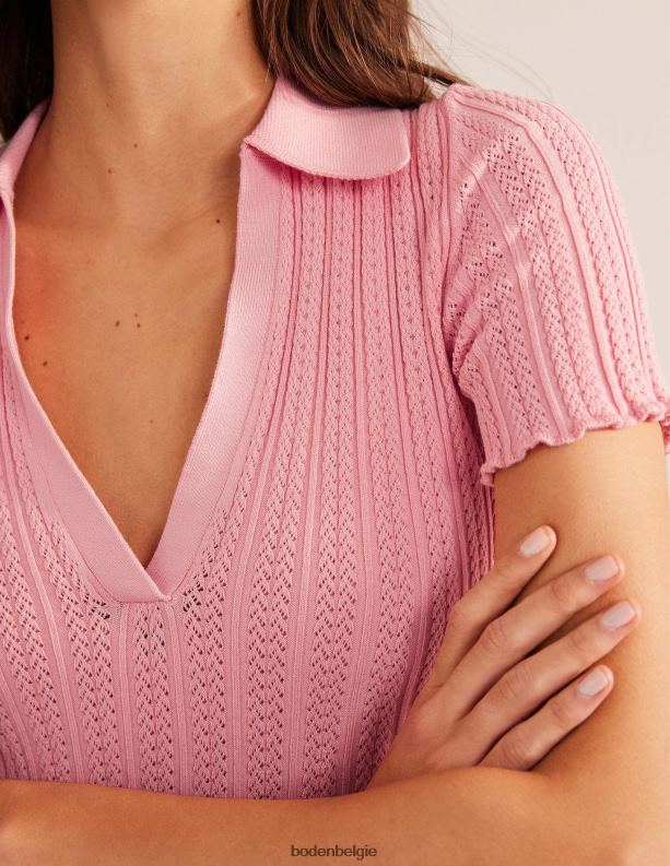 geribbelde top met pointellekraag Boden X8VRNV1095 kleding vrouwen dahlia roze