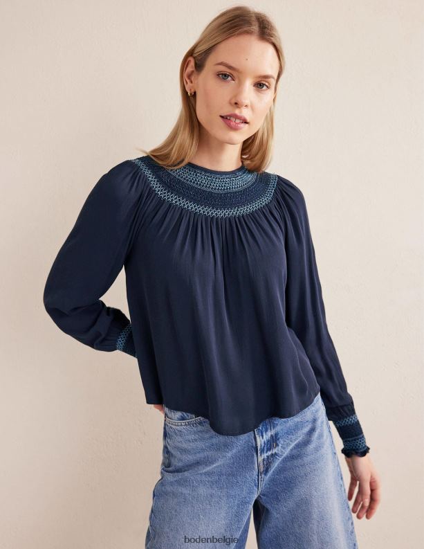gesmokte top met ronde hals Boden X8VRNV1706 kleding vrouwen marine
